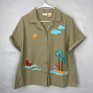 VTG White Stag Shirt Womens L 12 14 SS Embroidered Coastal Nautical Resortwear